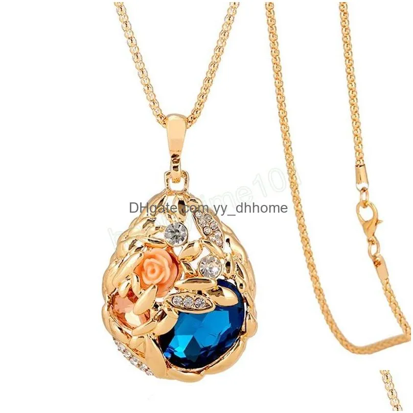 women crystal rhinestone necklaces long popcorn chain champagne rose gold flower wheat ear pendant sweater necklace fashion design party jewelry girls lady