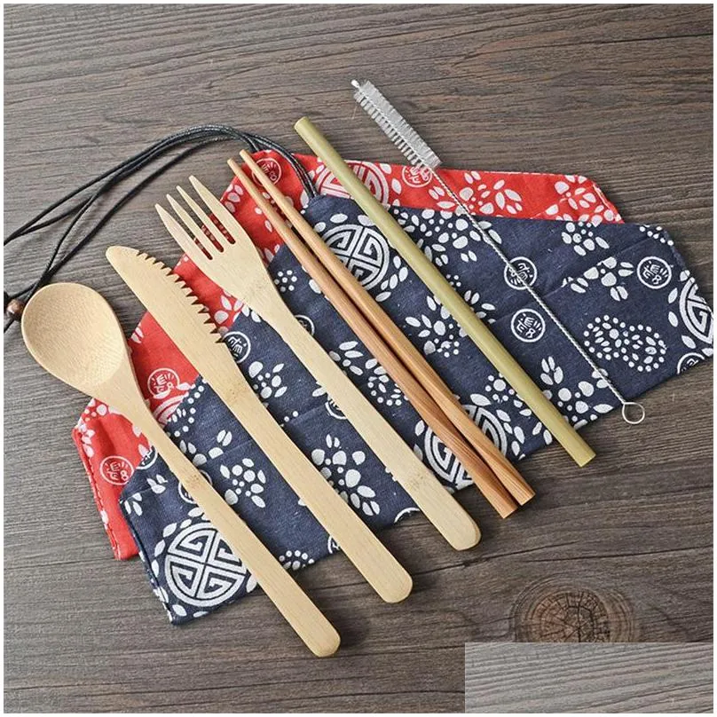 camp school chopsticks student cutlery convenient straw portable tableware 7 piece set bamboo fork outdoors 6 9ym f2