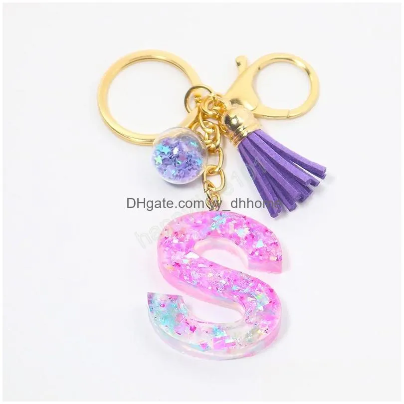 fashion purple blue letter keychain with tassel sequins filling resin initials key chain women bag hanging pendant keyring gifts