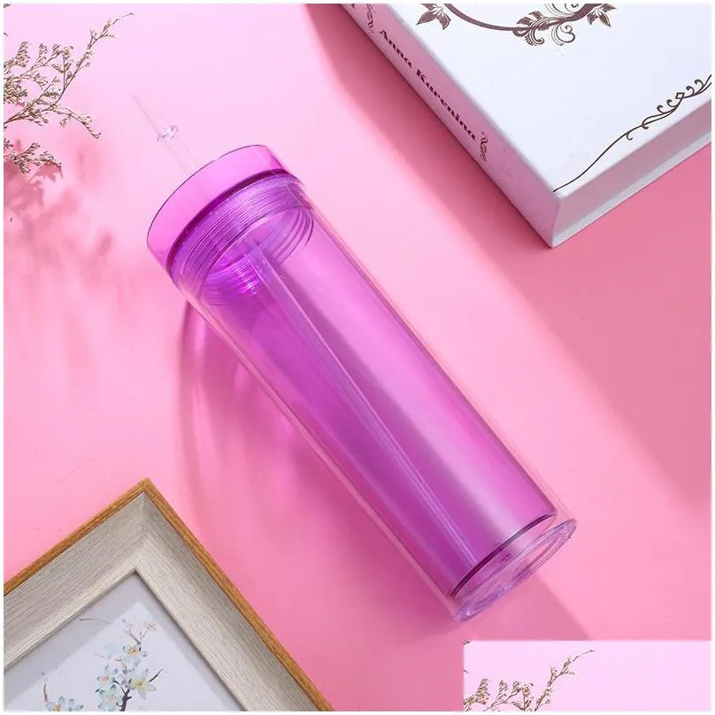 16oz acrylic tumbler multi color clear plastic cups with lids and straws double wall straight water bottle 227 j2