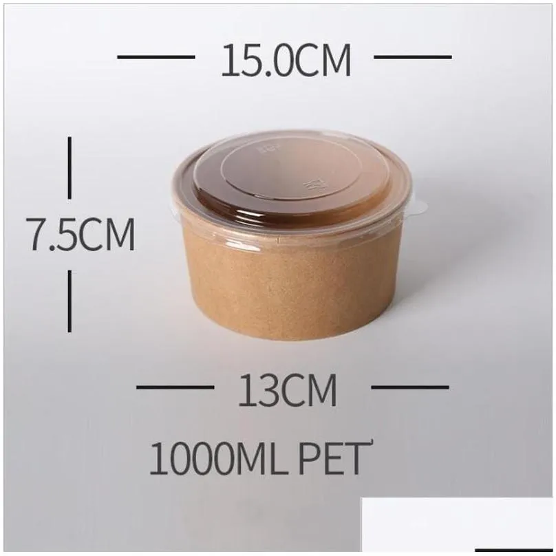 disposable packing box salad bowl with lid food storage containers lunch kraft paper pack take out fruits 750/1000/1300ml 0 48jf f2
