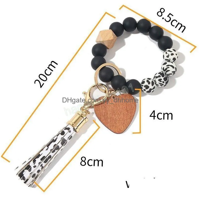 14 colors valentines day love wood chip silicone bead bracelet keychain wristlet key chain tassels handchain keys ring keychains