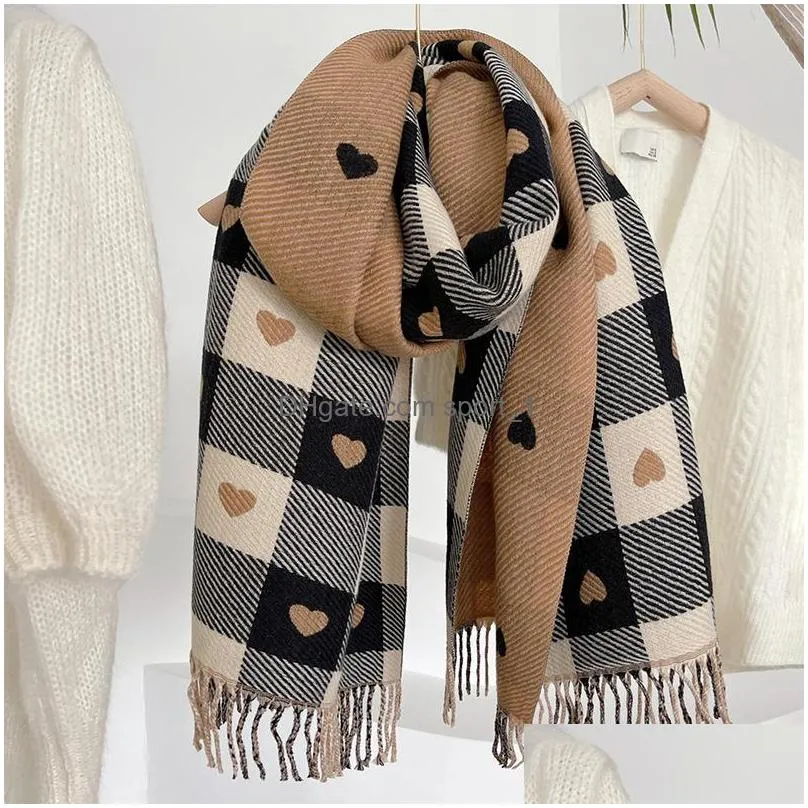 winter womens plaid scarf heart tassels soft knitted double facework color neck warm scaves