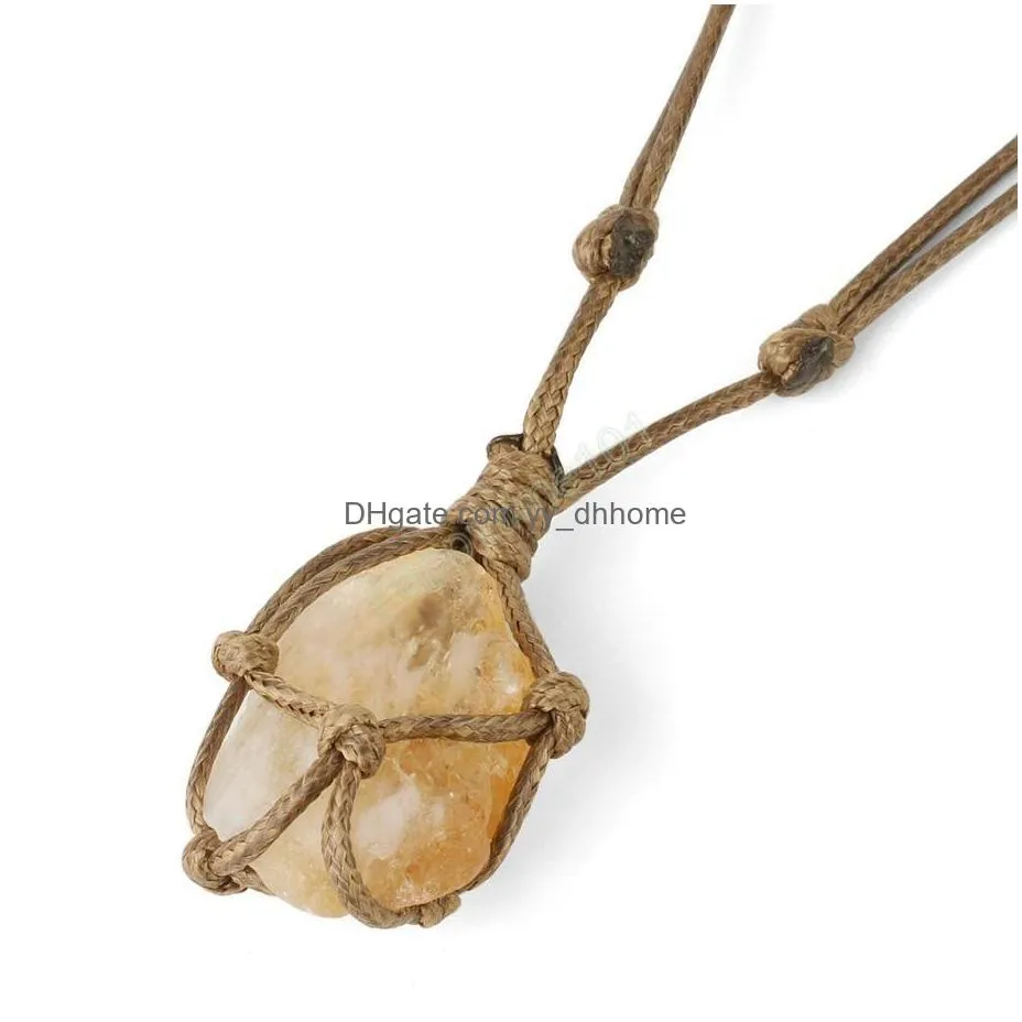 natural stone rope wrap necklace irregular rose crystal quartz pendant necklaces adjustable women girl vintage jewelry