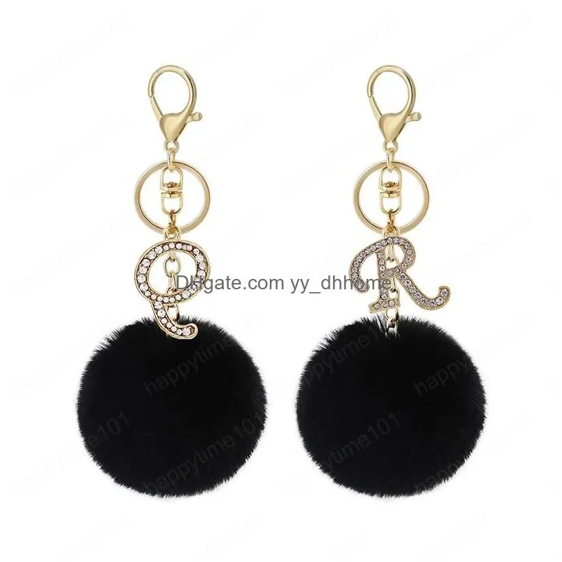 fashion letters keychain trendy creative black fluff 26 english letter initial diamond handbag key ring accessories for women