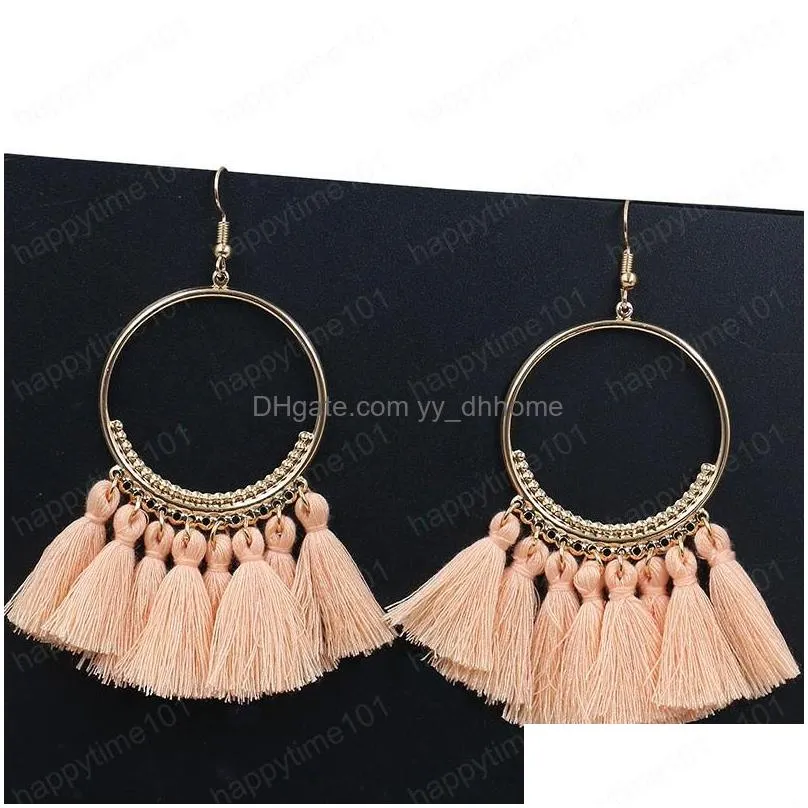 boho colorful polyester string tassel earrings big circle drop dangle gold earrings for women accessories fashion fringe jewelry