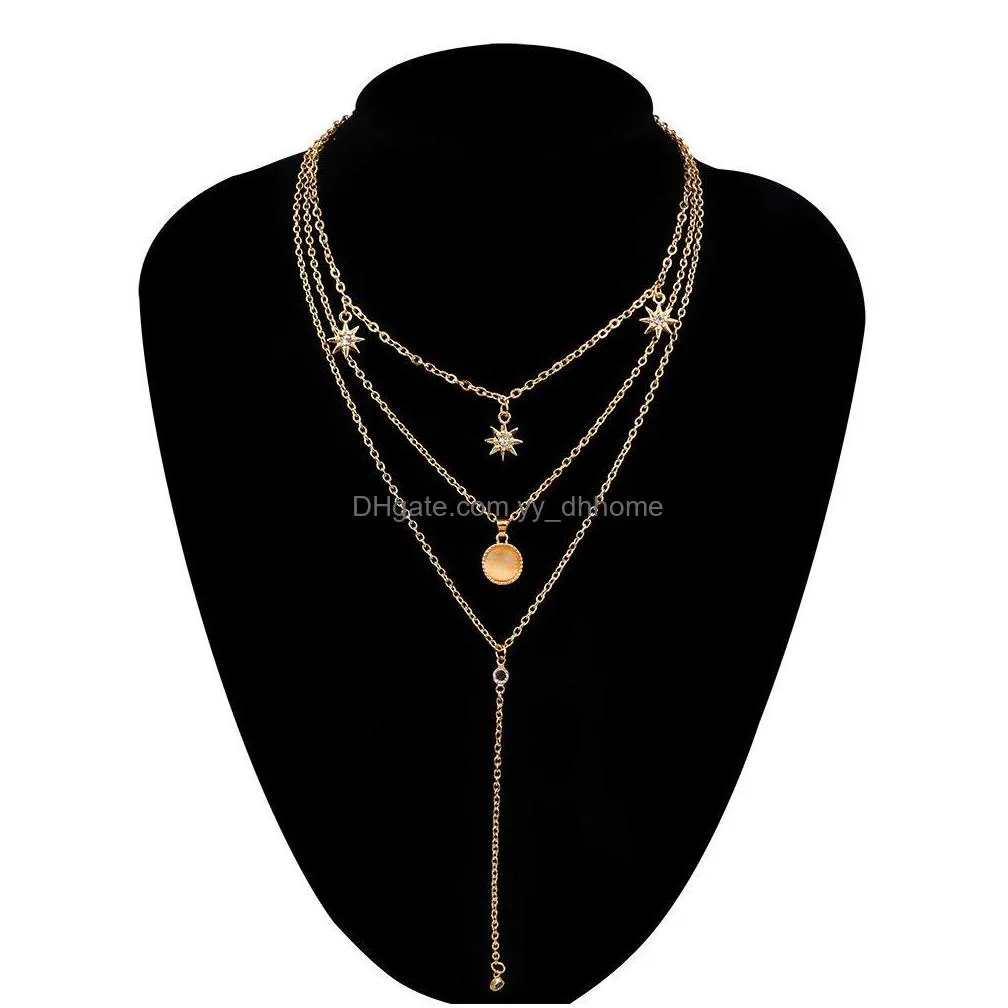  personality trend diamond accessories sun flower opal pendant multilayer necklace women