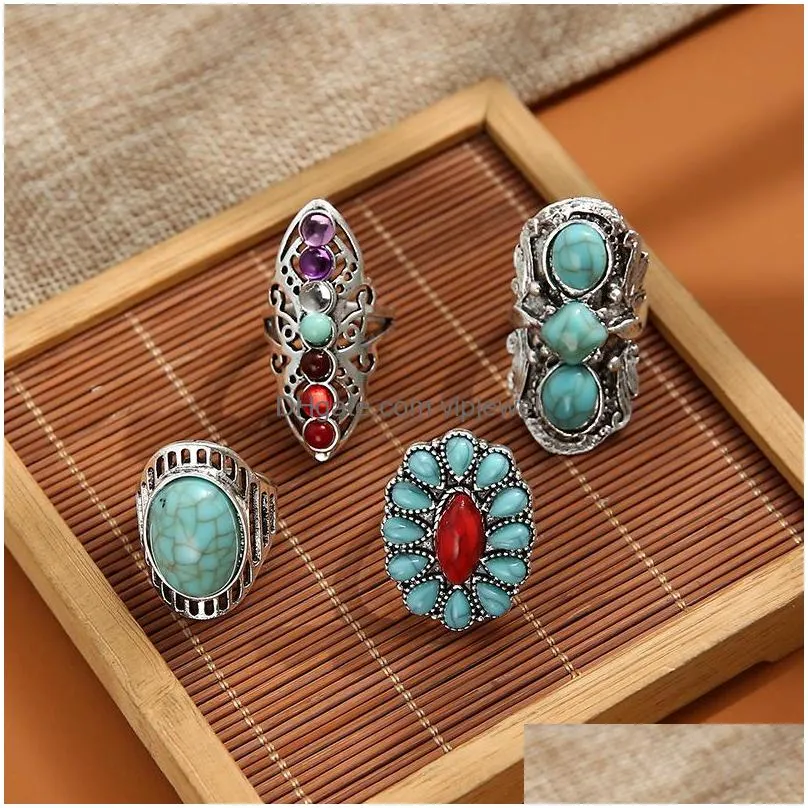 fashion jewelry ethnic style ring retro turquoise carved hollowed flower rings set 4pcs/set