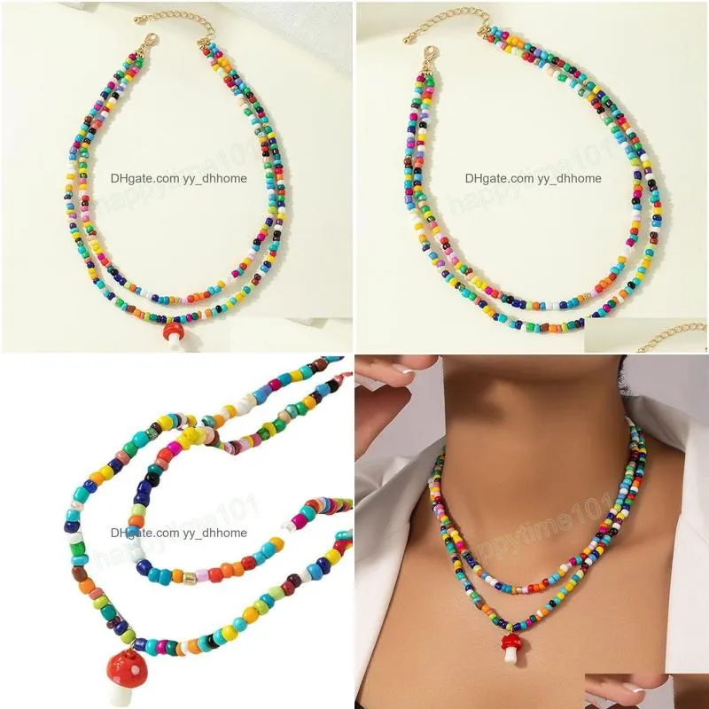 bohemian handmade colorful beads necklaces cute simple mushroom pendant beads necklace women jewelry