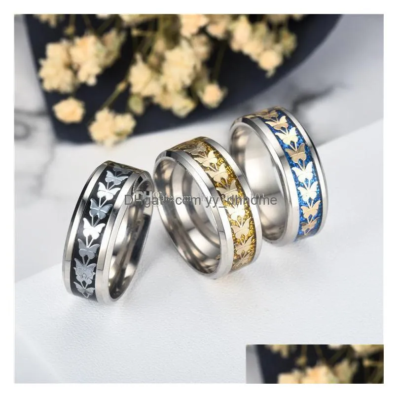 stainless steel butterfly blue gold sequin band ring fashion jewelry for women gift