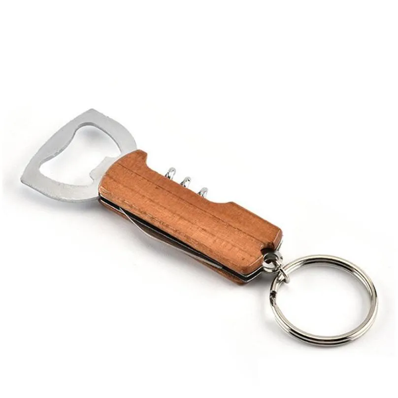 bottle openers beer wine stainless steel tin opener multi function wooden handle key chains small knife keyrings tableware 2 6ce c2