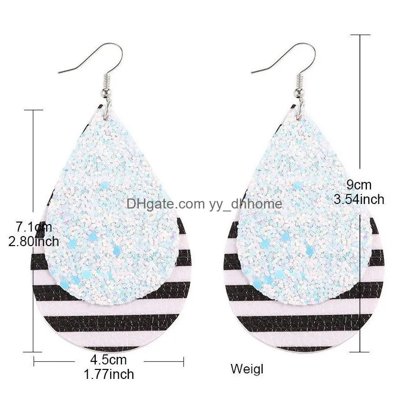  fashion pu leather glitter waterdrop dangle earring for women colorful double layer sequin bling silver plating hook statement