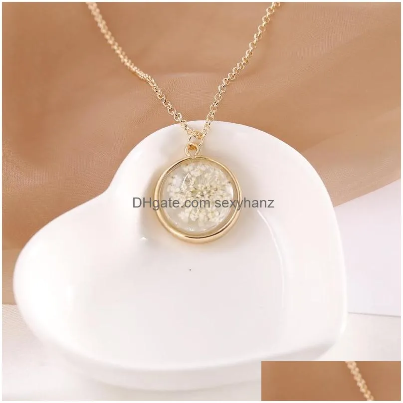 fashion jewelry round crystal glass dry flower slide pendant necklace