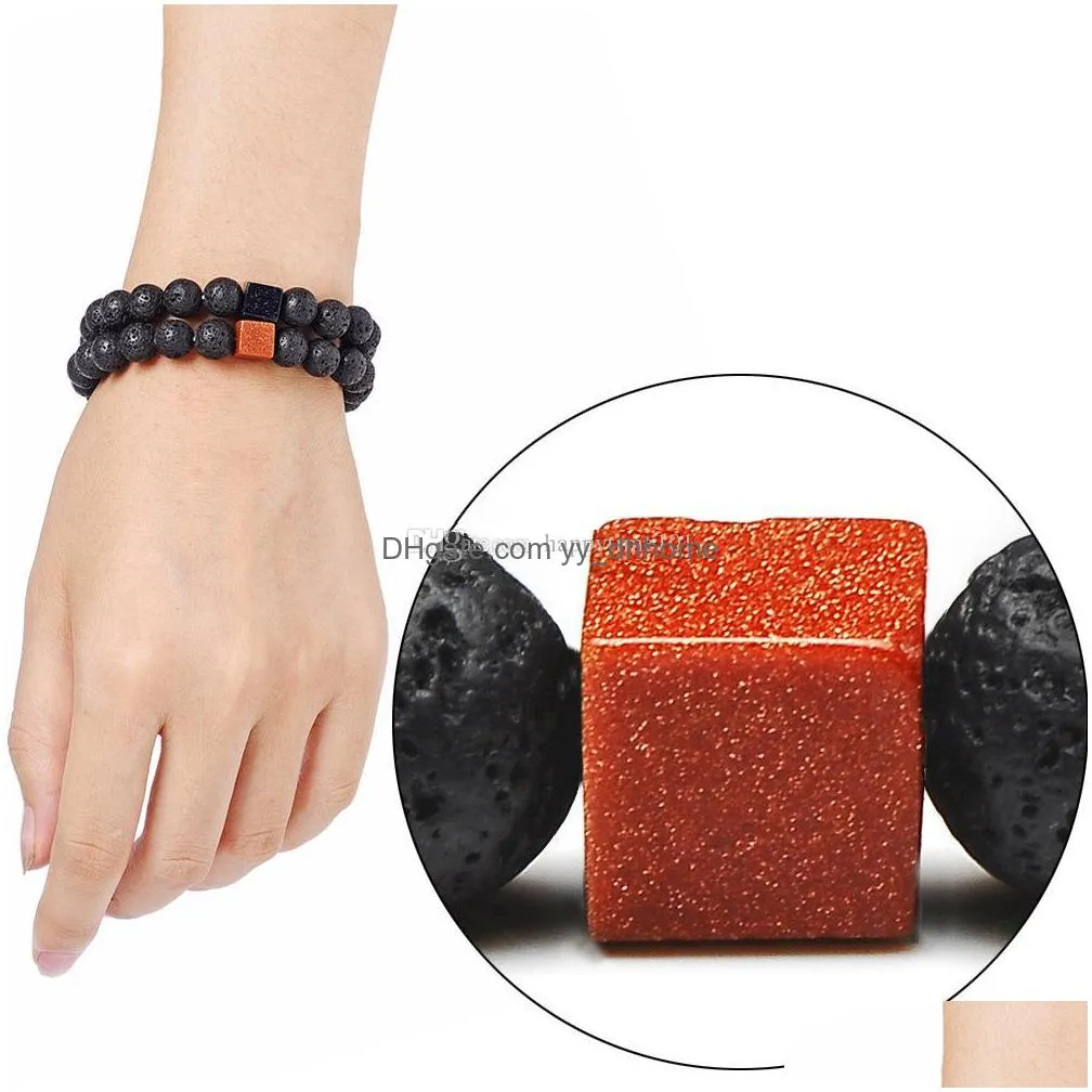 trendy square golden sand natural black lava stone beads elastic bracelets in bangles for women men volcanic rock beaded hand strings