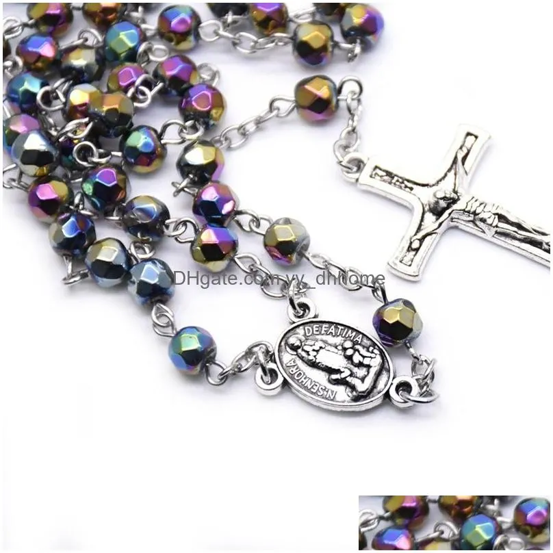 color crystal rosary neckalce vintage cross long religious pray necklace with plastic box for men women