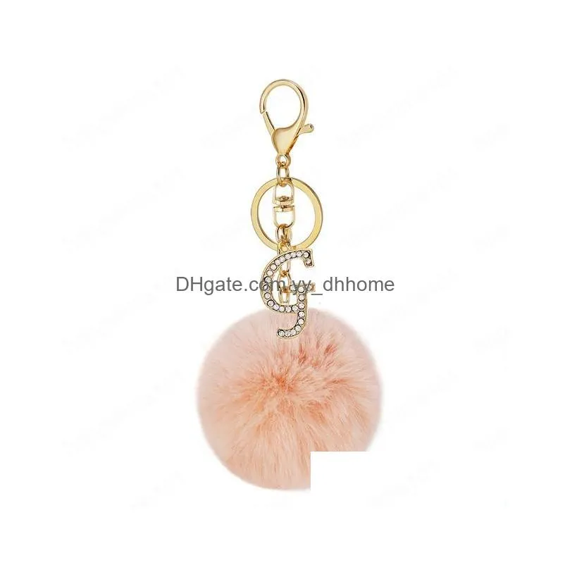 fashion key ring pink pompom plush keyring letter diamond keychain 26 english word a to z handbag woman bag pendant