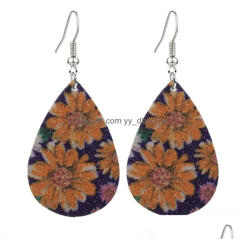 2020 glitter matte sequins sunflower teardrop pu leather earrings for women personalized jewelry statement dangle earrings