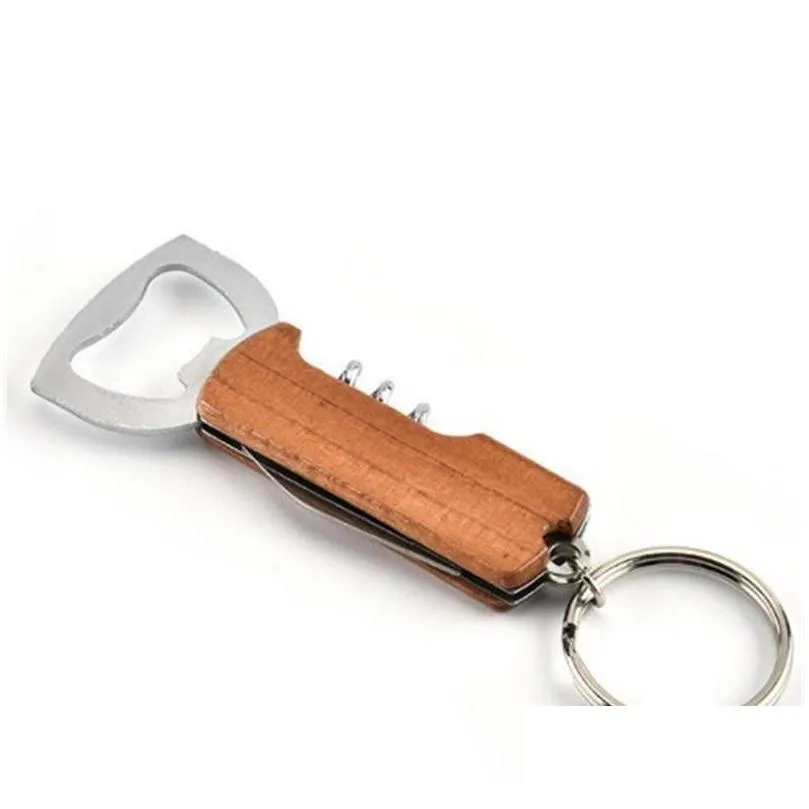 bottle openers beer wine stainless steel tin opener multi function wooden handle key chains small knife keyrings tableware 2 6ce c2