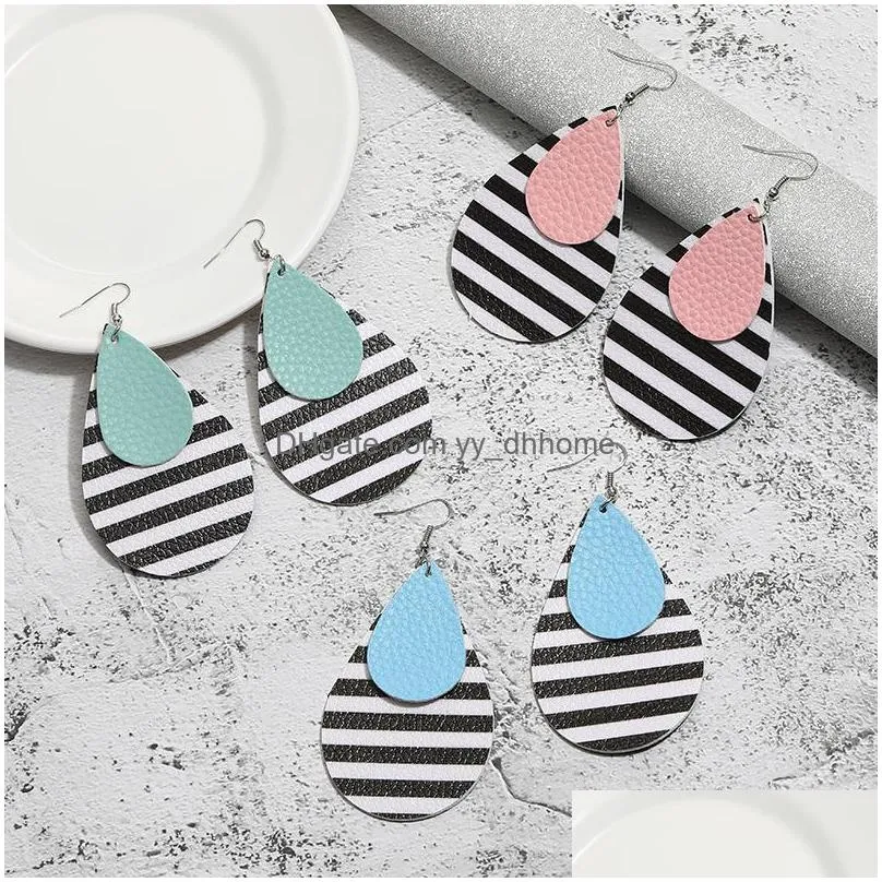 fashion designer pu leather waterdrop dangle earring for women colorful double layer silver plating hook statement earrings jewelry