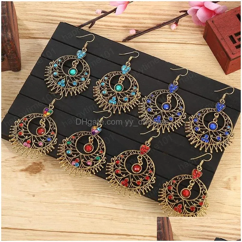 retro womens exaggerated large round hollow alloy dangle earrings hanger bohemia red crystal rhinestone wedding earings indian