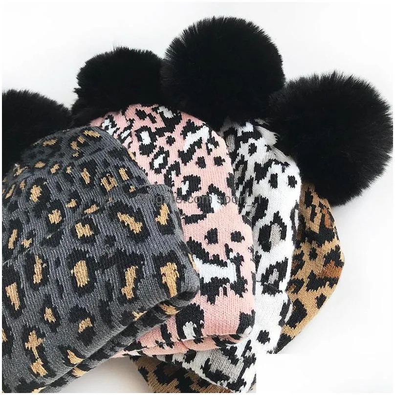 autumn winter kids womens leopard knitted hat faux fur ball lady warm beanies leopard hat
