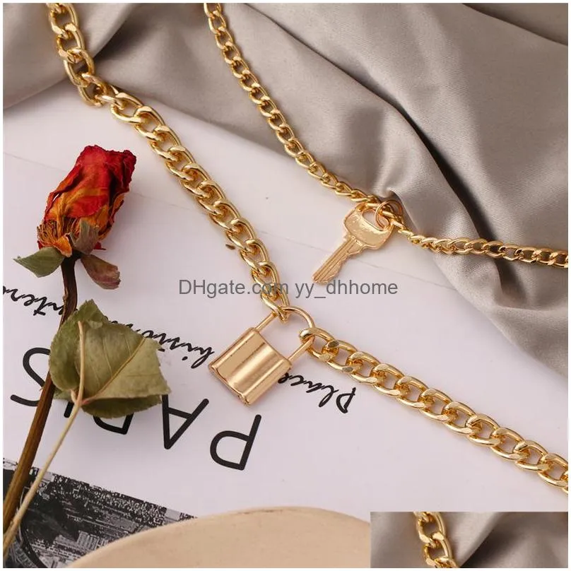 double layer key padlock pendant necklace women fashion gold color thick chain alloy lock necklace femme punk gothic jewelry