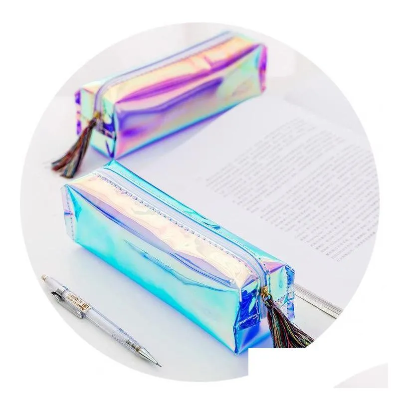 transparent laser pencil case cute stationery tassels pencil bags cosmetic makeup bag tassels zipper for school office travel 161 n2