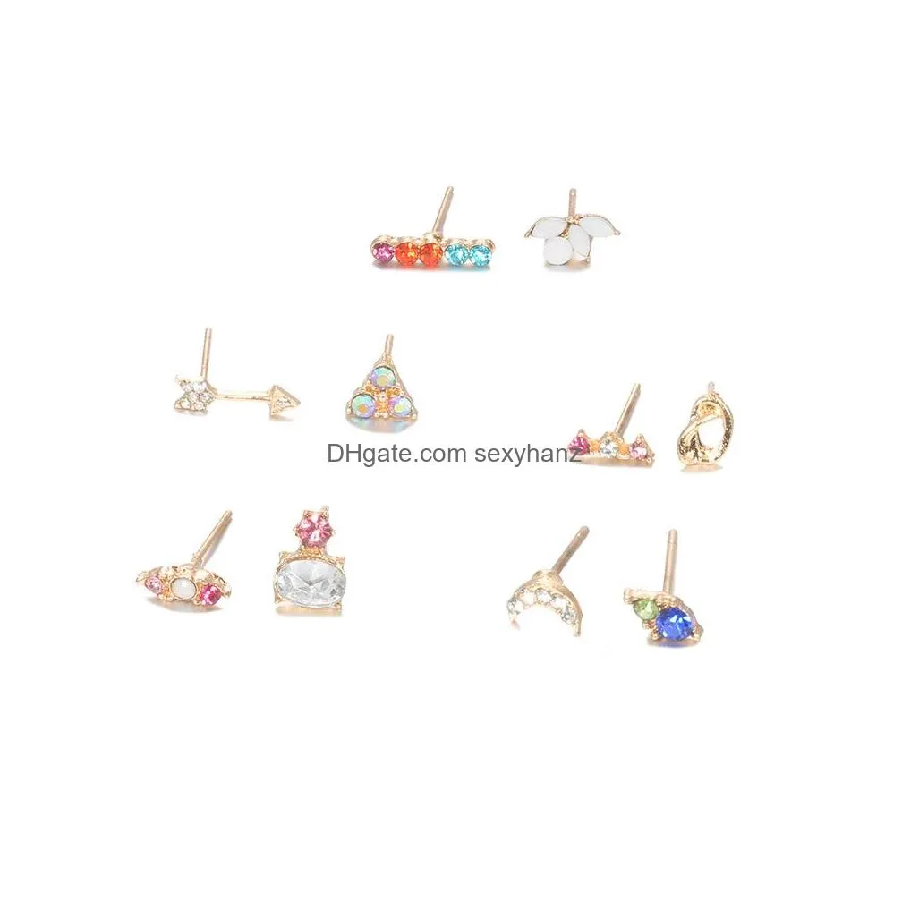 bohemian fashion jewelry cute mini single piece colorful rhinstone stud earrings set geometry arrow moon stud earrings