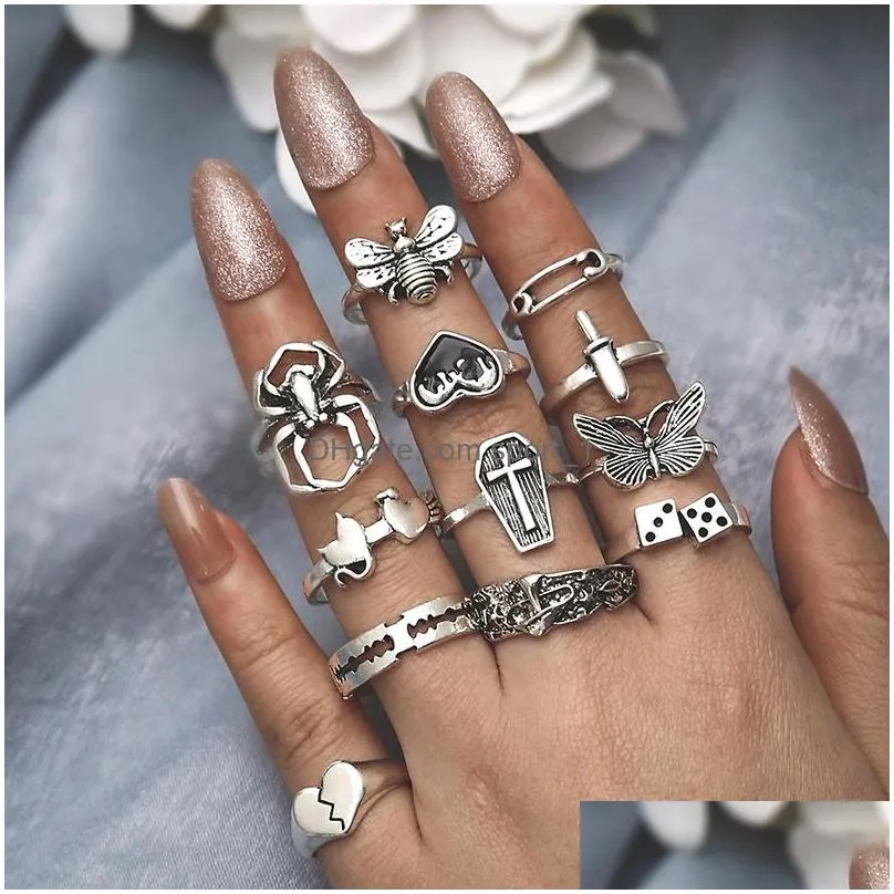 fashion jewelry knuckle ring set retro love butterfly spider mushroon heart bee cross geometric stacking rings midi rings sets