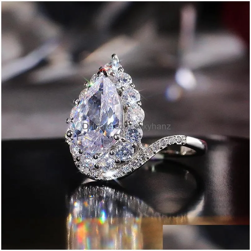 fashion jewelry water drop ring retro female copper inlaid aaa zircon rings