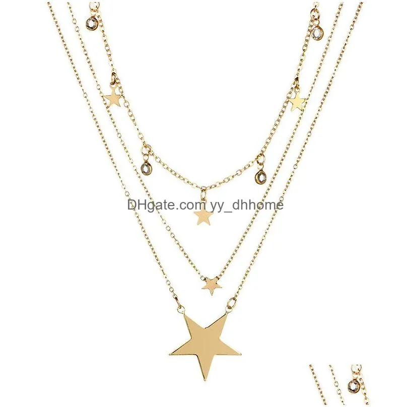 fashion simple rhinestone pentagram star pendant multilayer necklace all match pendant necklaces for womens gold plated 