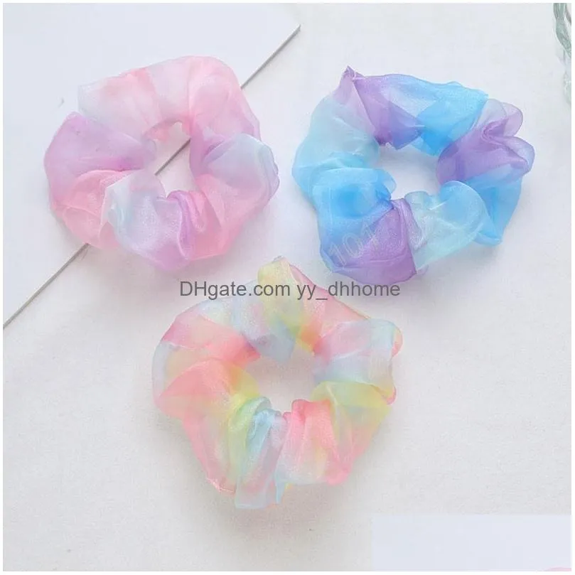 tulle organza hair scrunchies elastic hair bands ponytail holder girl net yarn hair hoop transparent rainbow color scrunchies