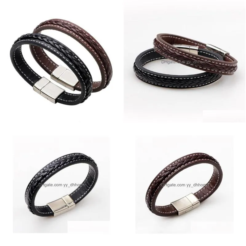 2020 men jewelry punk black braided geunine leather bracelet magnetic buckle fashion bangles