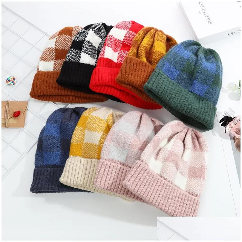 autumn winter women knitted hat plaid warm beanie skull caps knitting hats