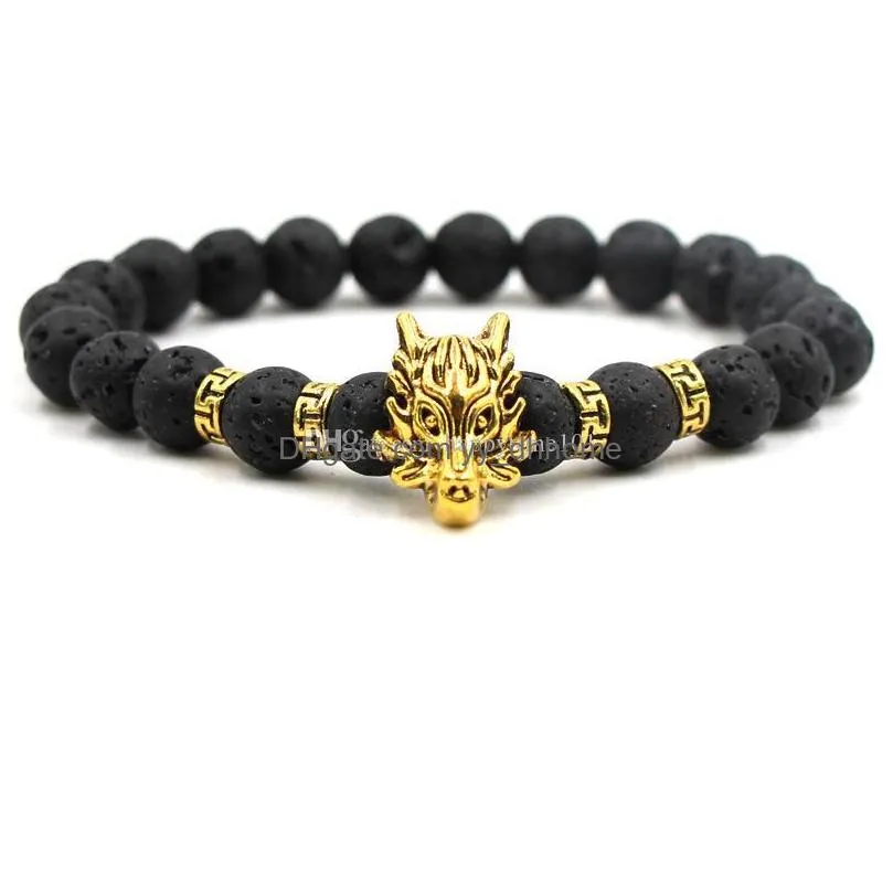 14 styles 8mm black lava stone essential oil diffuser bracelet vintage gold/silver dragon head charms bracelets stretch jewelry