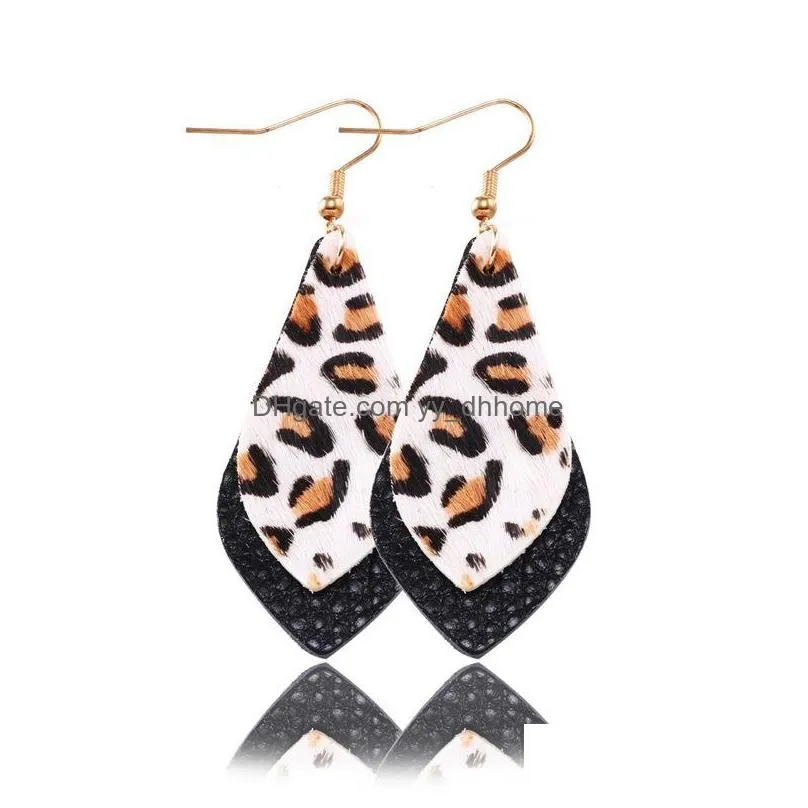 fashion pu leather earrings multilayer leaves earring leopard print dangle hook eardrop geometry jewelry for women designer jewelry
