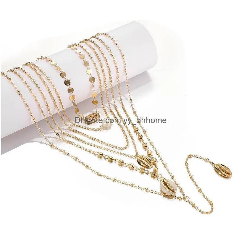 boho gold sequin shell pearl pendant necklaces for women geometric multi layer chains necklace jewelry collar
