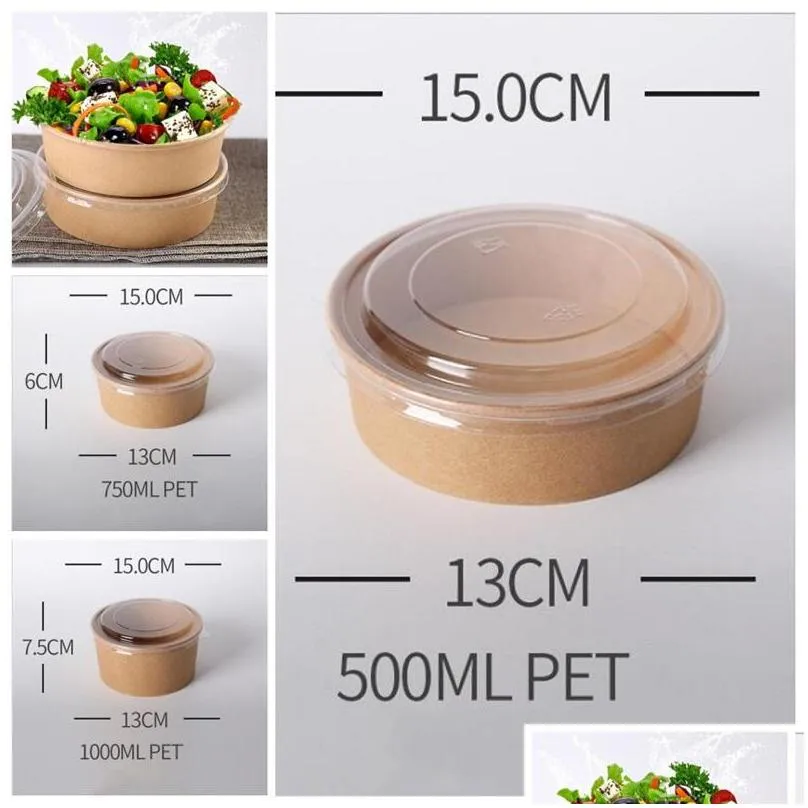 disposable packing box salad bowl with lid food storage containers lunch kraft paper pack take out fruits 750/1000/1300ml 0 48jf f2