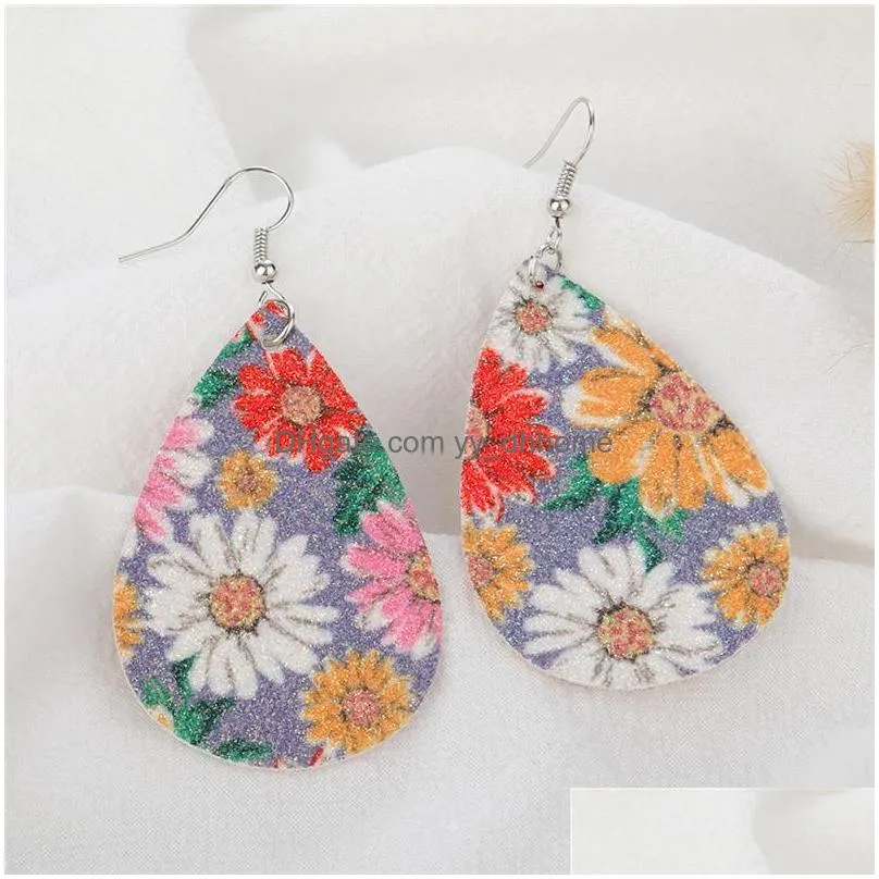 2020 glitter matte sequins sunflower teardrop pu leather earrings for women personalized jewelry statement dangle earrings