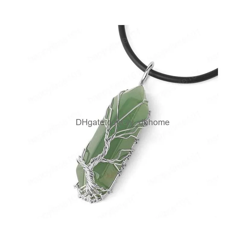 natural crystal stone pendant necklace point hexagonal prism silver color copper life tree wire wrap women men jewelry