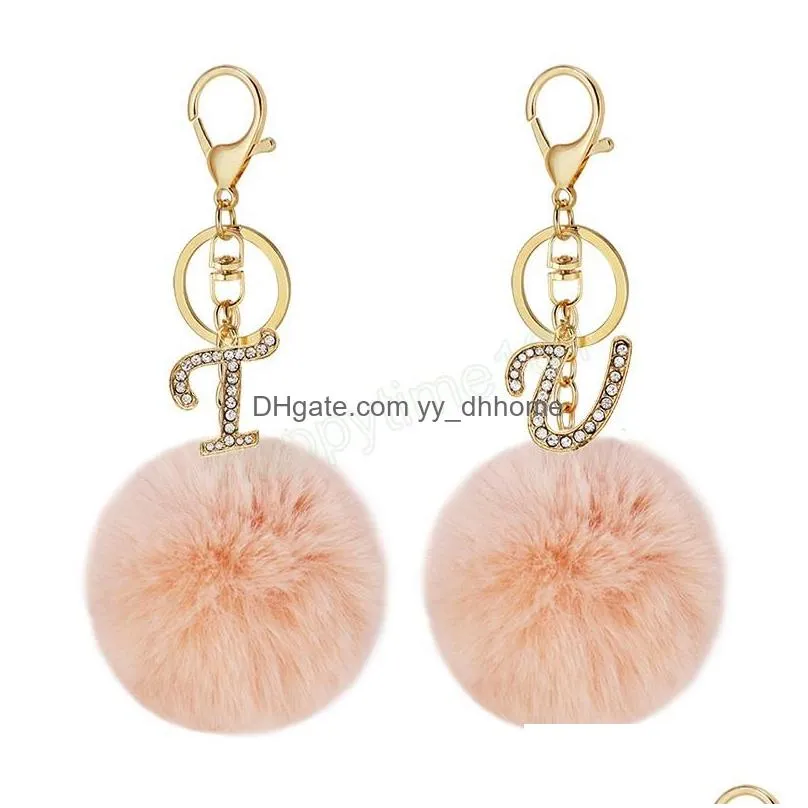 fluffy pink pompom faux rabbit fur ball keychain crystal golden letters key rings trendy jewelry bag accessories gift