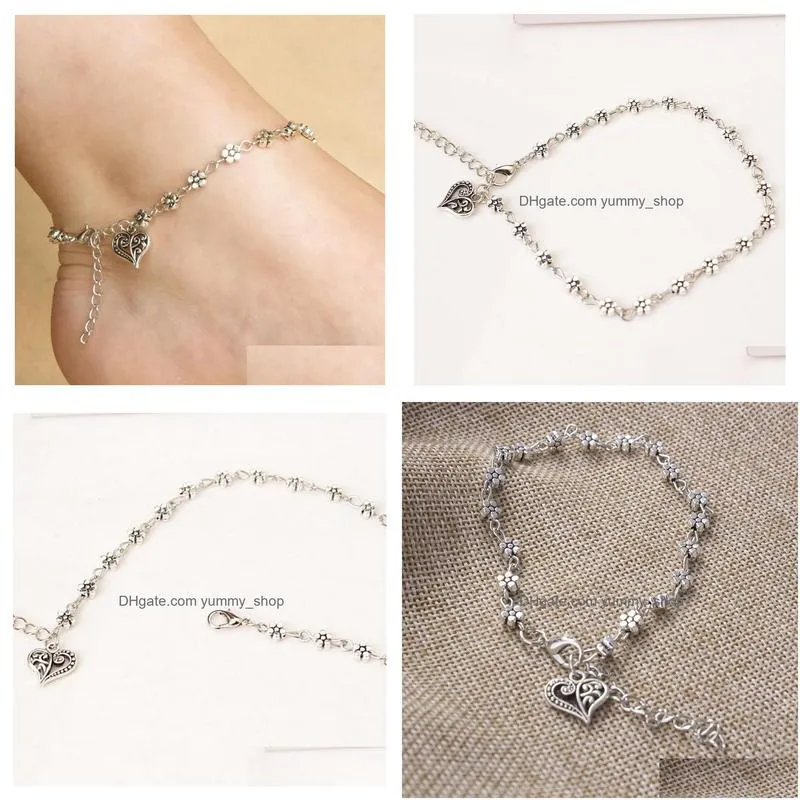 fashion jewelry vintage silver color hollowed plum flower heart anklet flower beaded chain ankle bracelet
