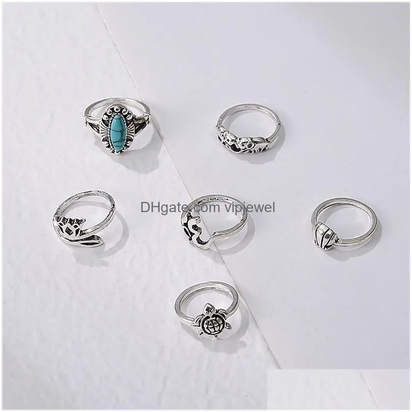 fashion jewelry knuckle ring set geometric animal turtle elephant crown turquoise stacking rings set 6pcs/set