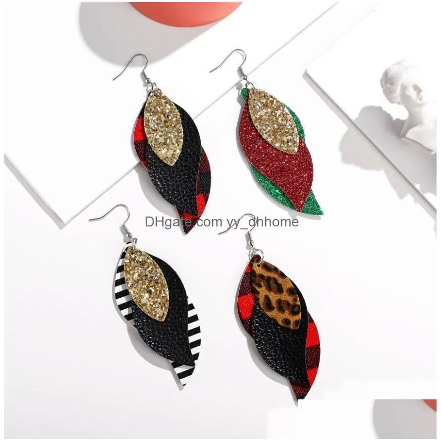 trendy multilayer leaf pu leather earrings leopard printing sequins earring dangle ear hook leather leaves eardrop women jewelry