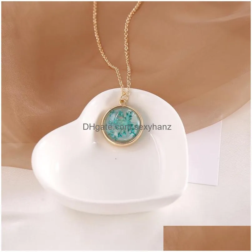 fashion jewelry round crystal glass dry flower slide pendant necklace