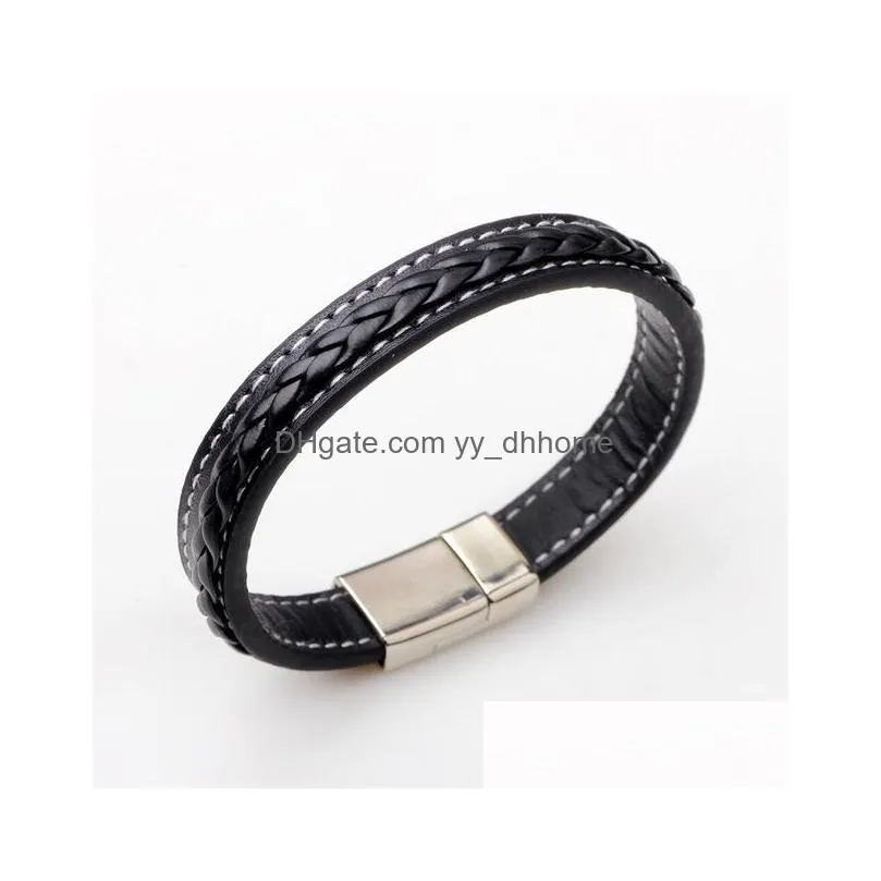 2020 men jewelry punk black braided geunine leather bracelet magnetic buckle fashion bangles