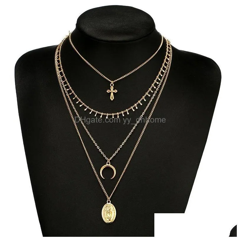 4 pcs/set female necklace set gold cross moon virgin mary pendant necklace classic women dance party jewelry
