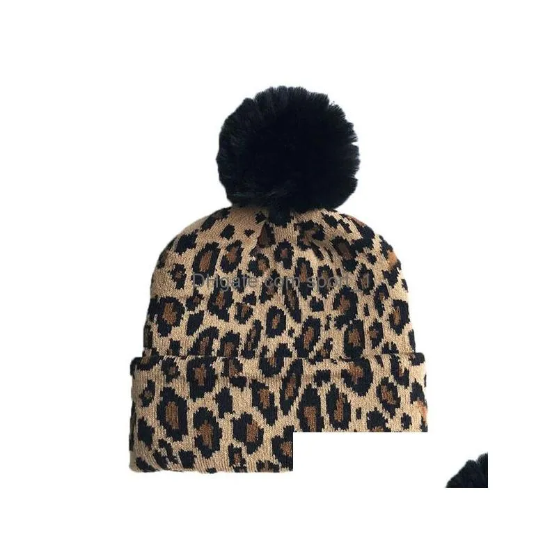 autumn winter kids womens leopard knitted hat faux fur ball lady warm beanies leopard hat