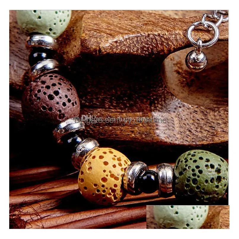 fashion bohemian colorized natural lava stone essential oil diffuser bracelet chromatic aromthraphy beads bangle women jewelry