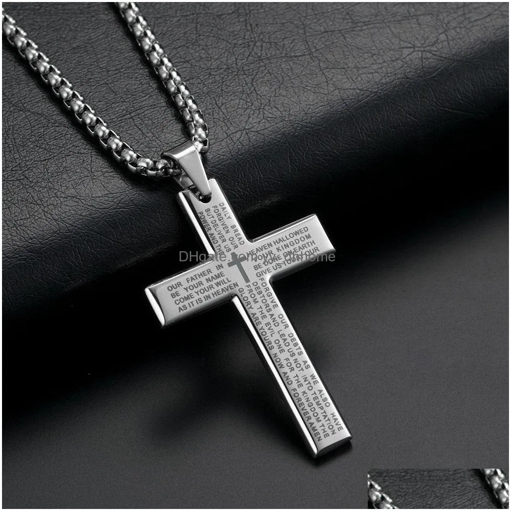 24 inches titanium steel bible cross scripture pendant fashion mens religious necklace